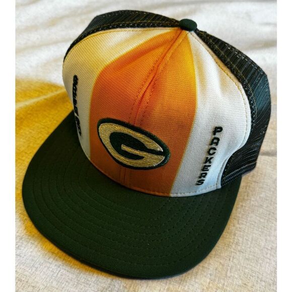 Green Bay Packers Vintage AJD Lucky Stripes Mesh Snap Trucker Hat Cap - Picture 2 of 5